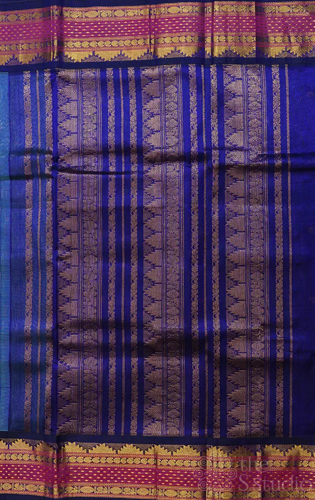 Light blue kanchipuram silk cotton saree with navy blue korvai border