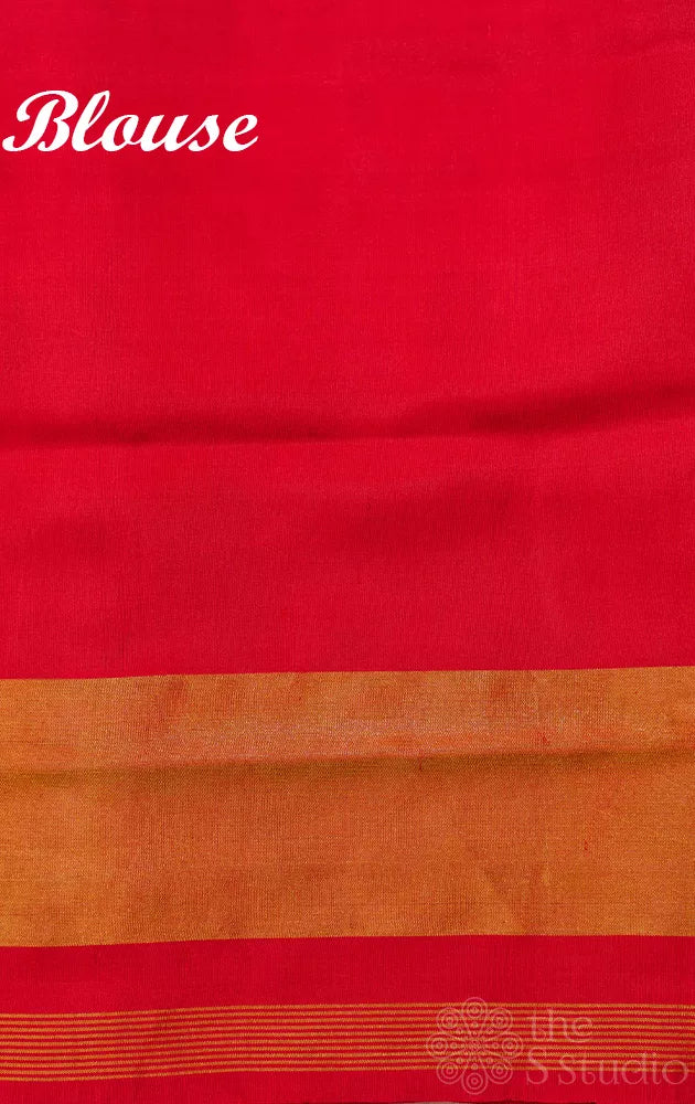 Red patola silk saree with all over ikat design and tissue border