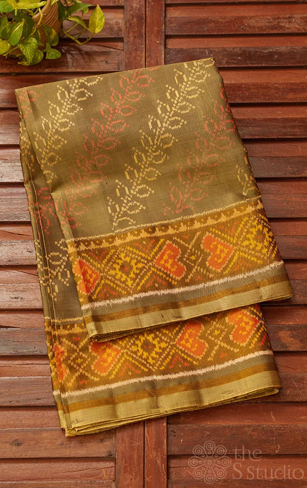 Greenish grey rajkot patola saree with tissue border