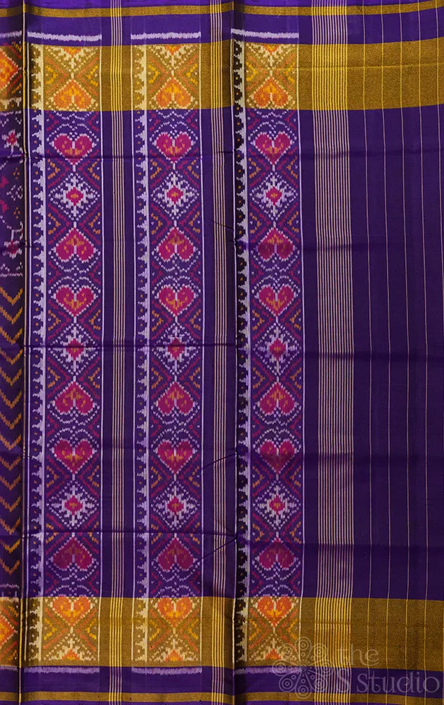 Violet patola pattu saree with all over ikat design and tissue border