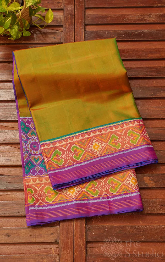 Dual tone green rajkot patola saree with purple border in ikat design