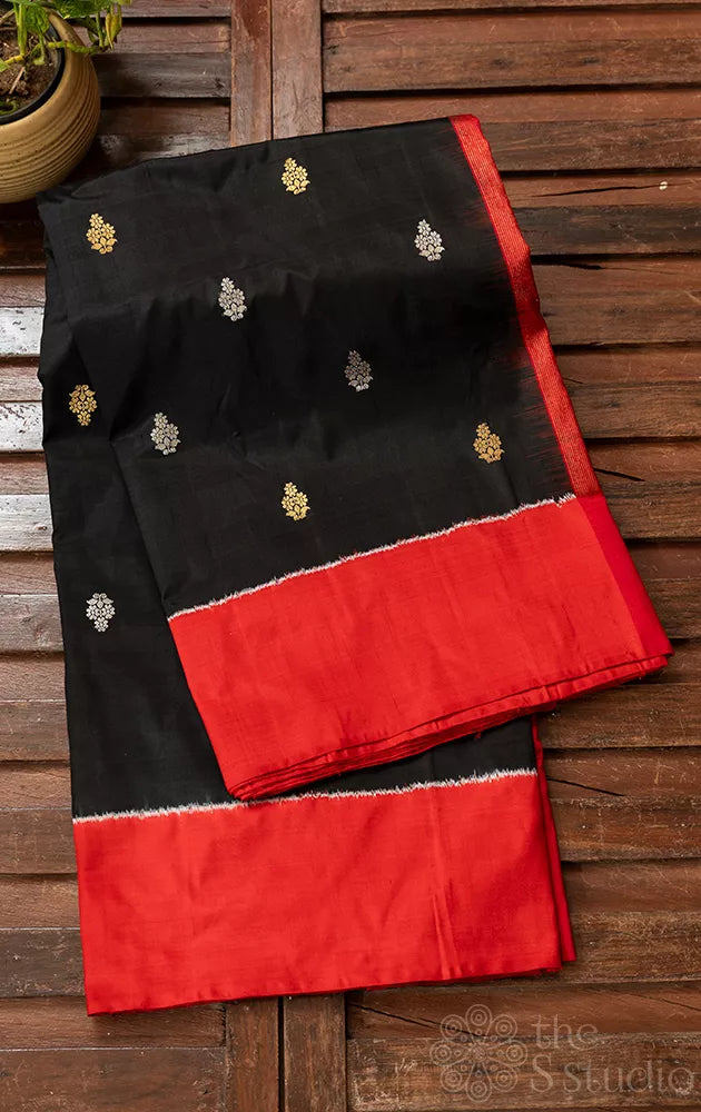 Black ikkat silk saree with floral zari motifs