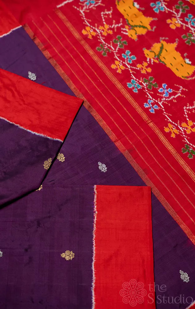 Purple ikkat silk saree with red border
