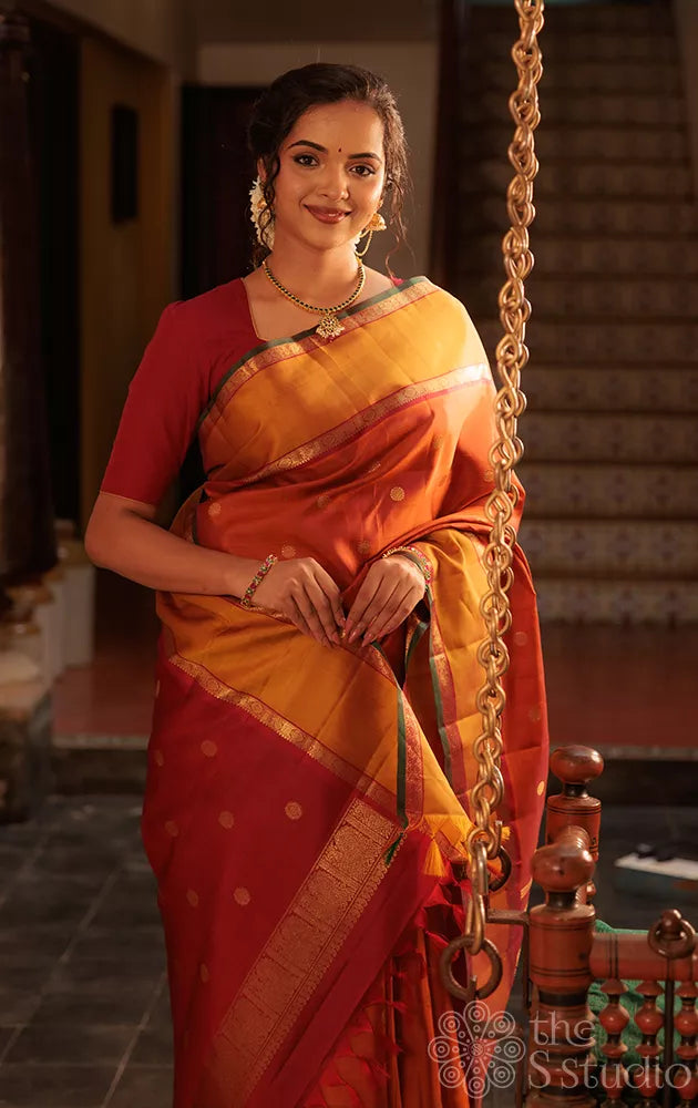 Rust kanchipuram silk saree with rettaipet border