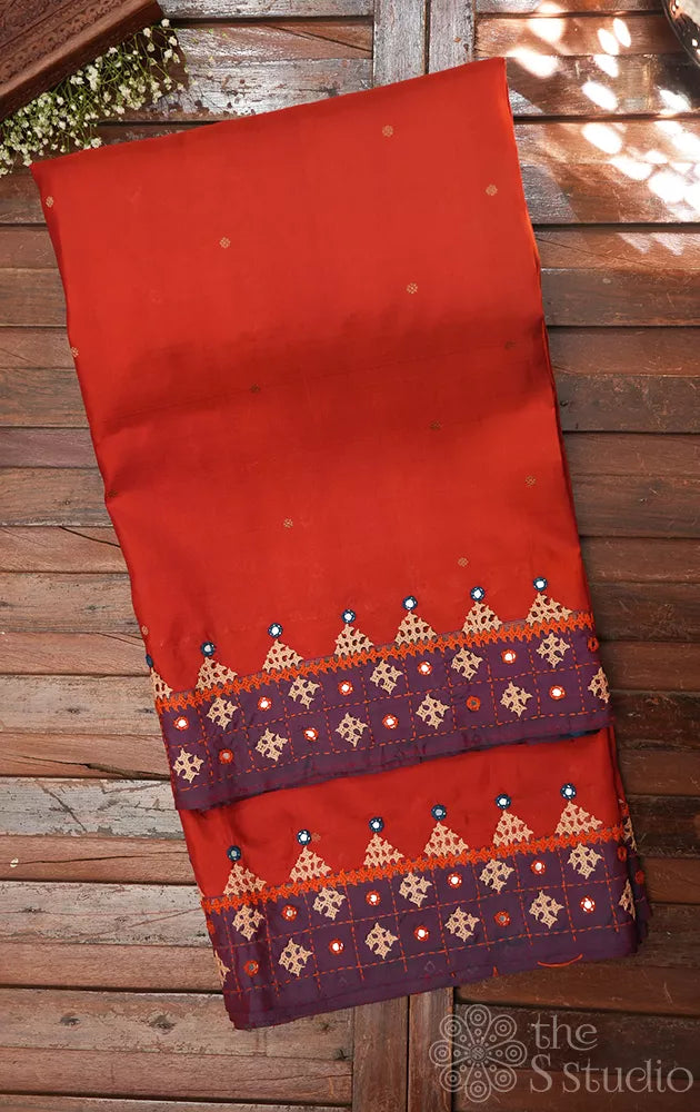 Rust kanchipuram silk saree with hand kutch embroidery