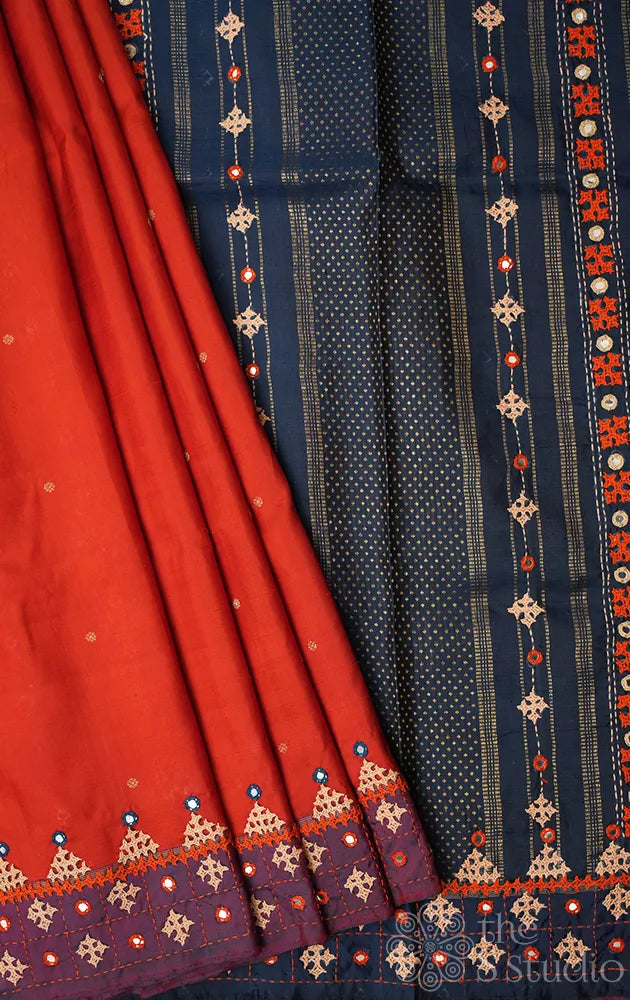 Rust kanchipuram silk saree with hand kutch embroidery