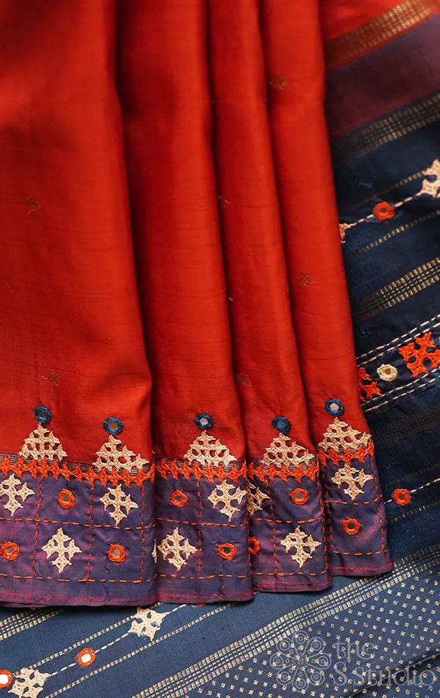 Rust kanchipuram silk saree with hand kutch embroidery