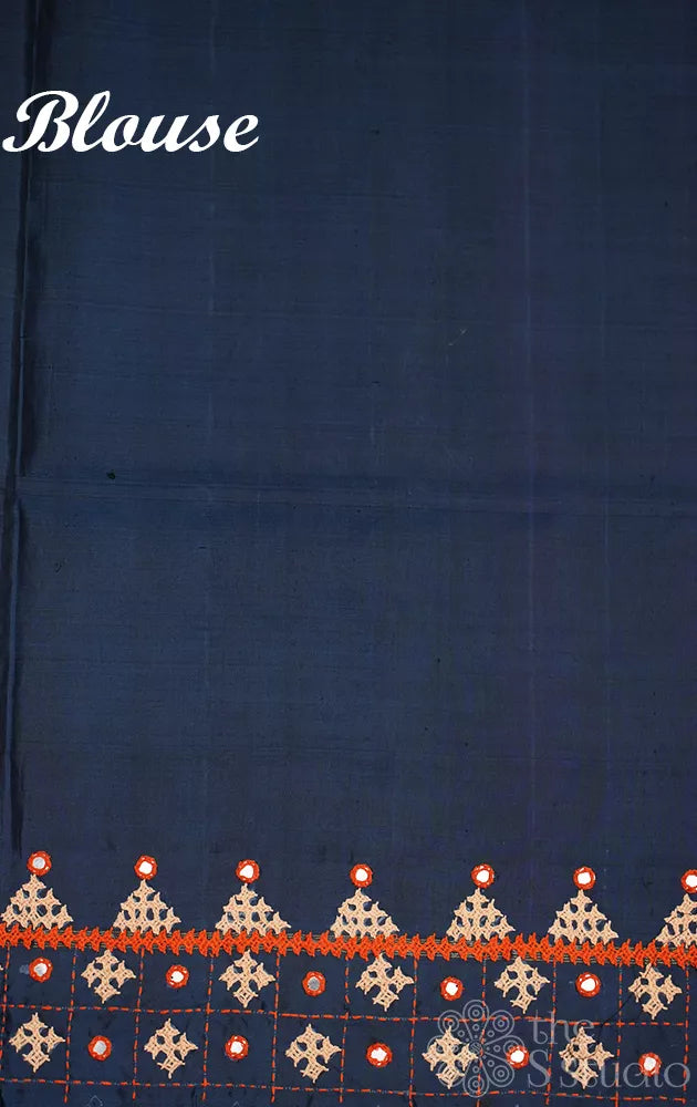 Rust kanchipuram silk saree with hand kutch embroidery