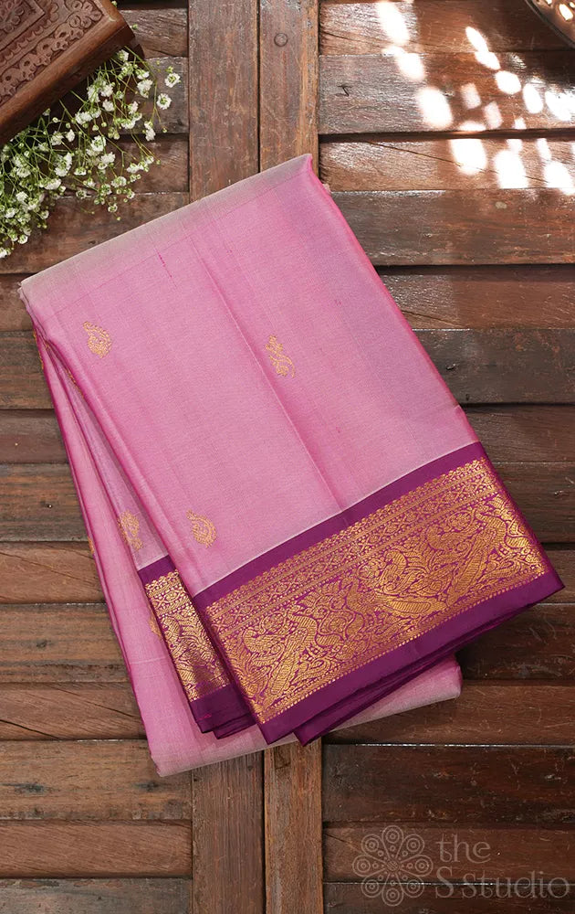 Onion pink kanchipuram silk saree with purple small border