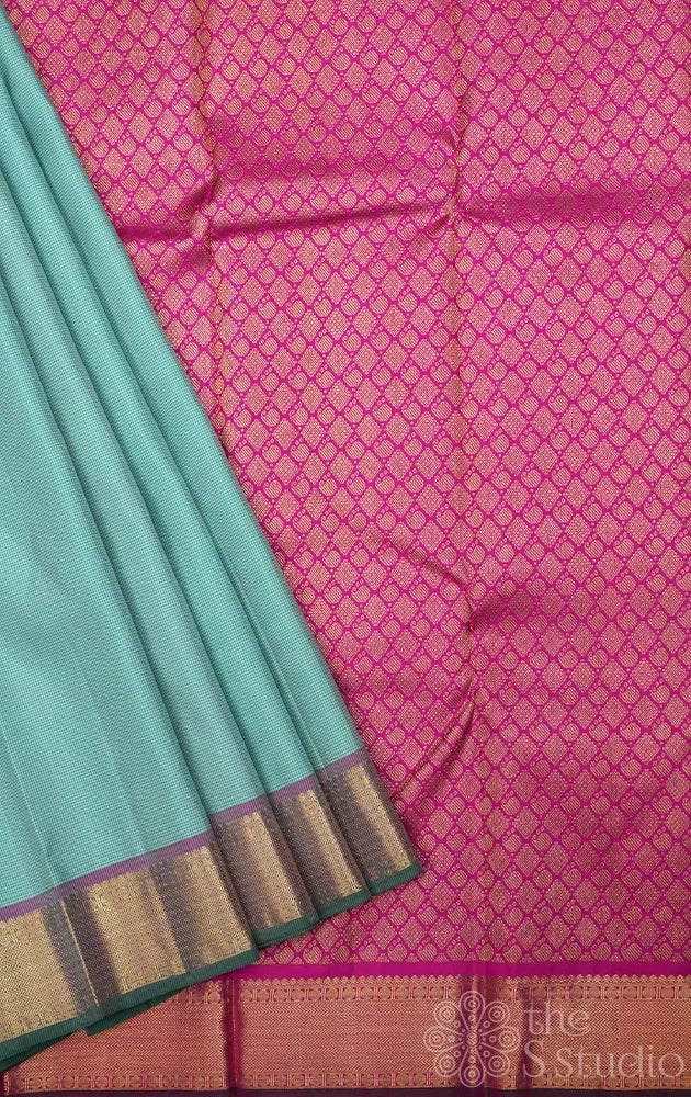 Aqua green checked kanchi pattu saree with getti zari border