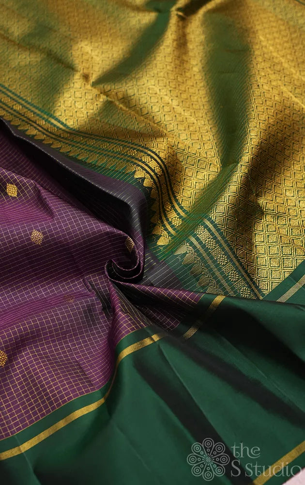 Deep jamun kanchipuram silk saree with zari checks and rettaipet border