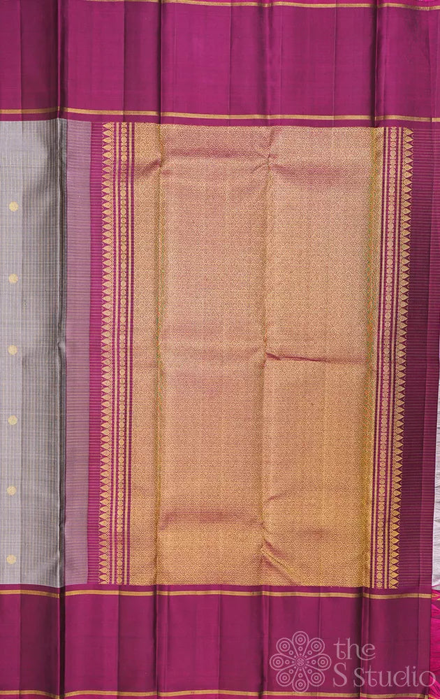 Light grey checked kanjivaram silk saree with  maroon border