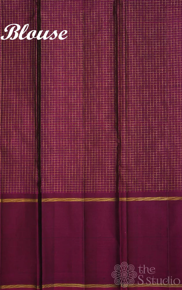 Light grey checked kanjivaram silk saree with  maroon border