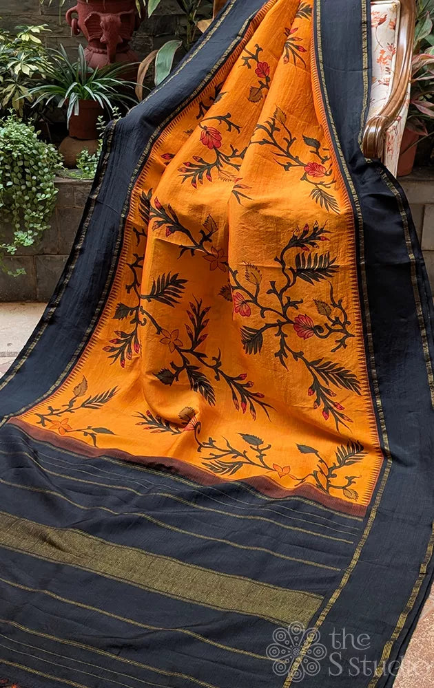 Pen kalamkari kanchi silk saree in mango orange with black border