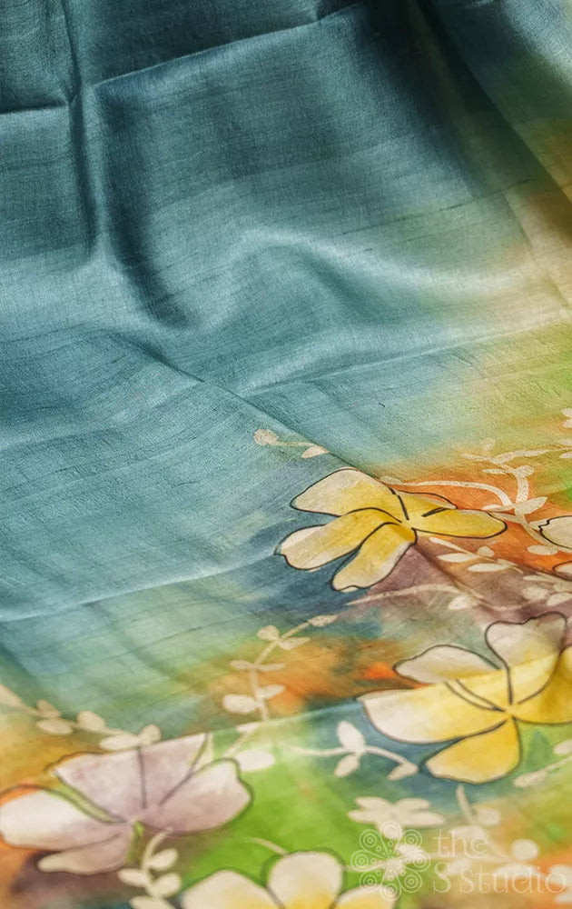 Greyish Blue pure tussar silk Saree with floral hand batik prints