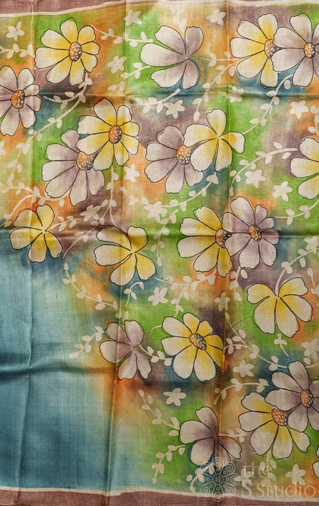 Greyish Blue pure tussar silk Saree with floral hand batik prints