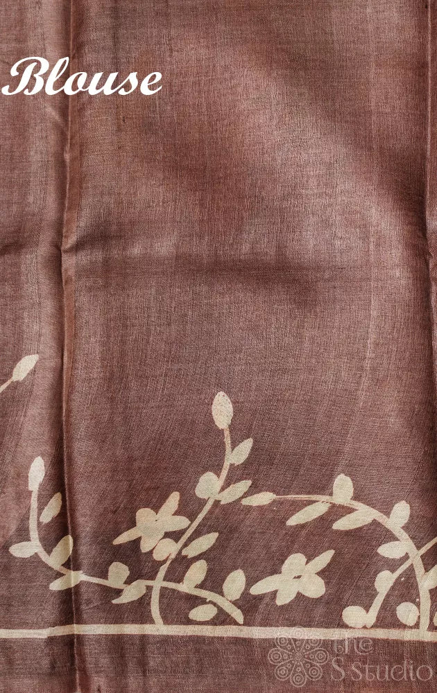 Greyish Blue pure tussar silk Saree with floral hand batik prints