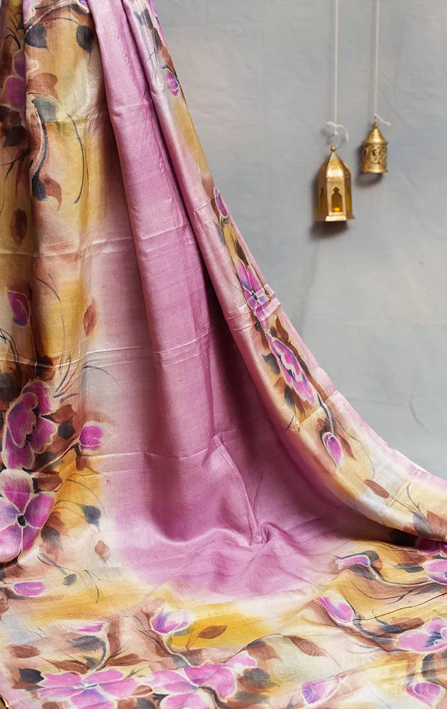 Lavender pure tussar silk saree with hand painted floral border
