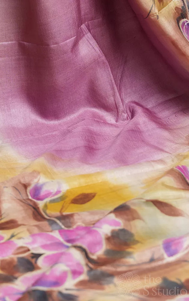 Lavender pure tussar silk saree with hand painted floral border