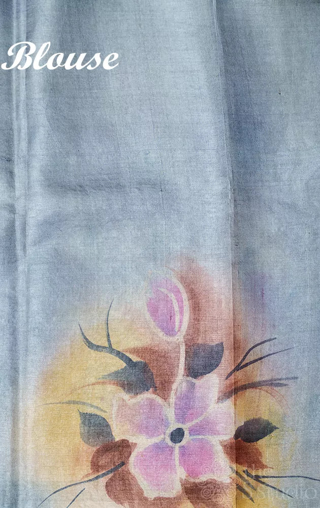 Lavender pure tussar silk saree with hand painted floral border
