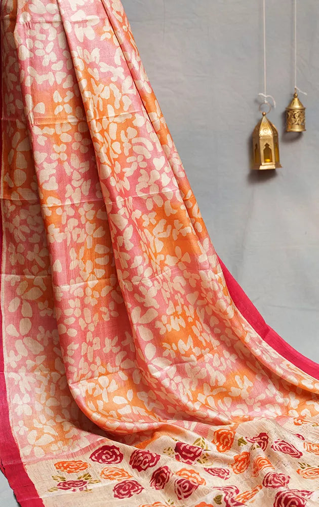 Peach tussar silk saree with batik prints