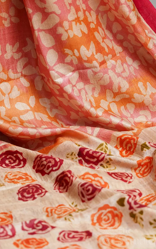 Peach tussar silk saree with batik prints