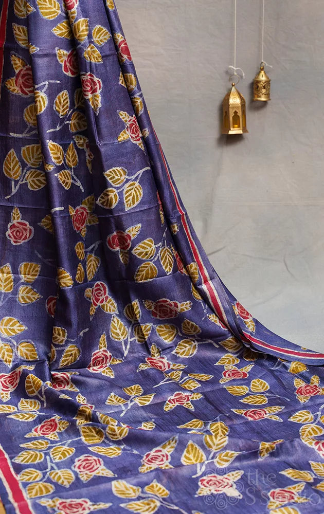 Violet tussar silk saree with batik prints