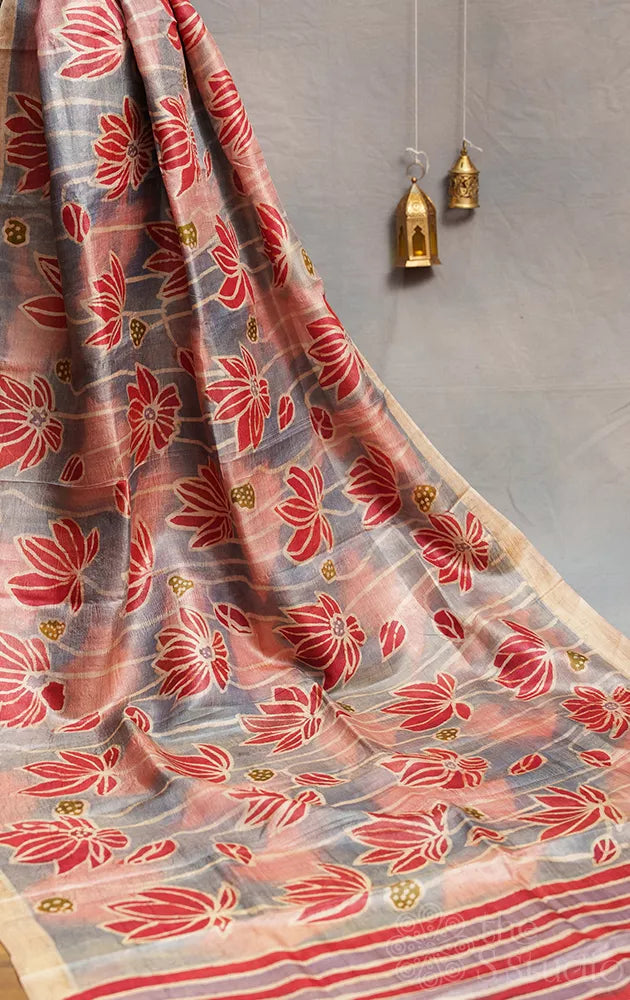 Grey and pink tussar silk saree with batik prints