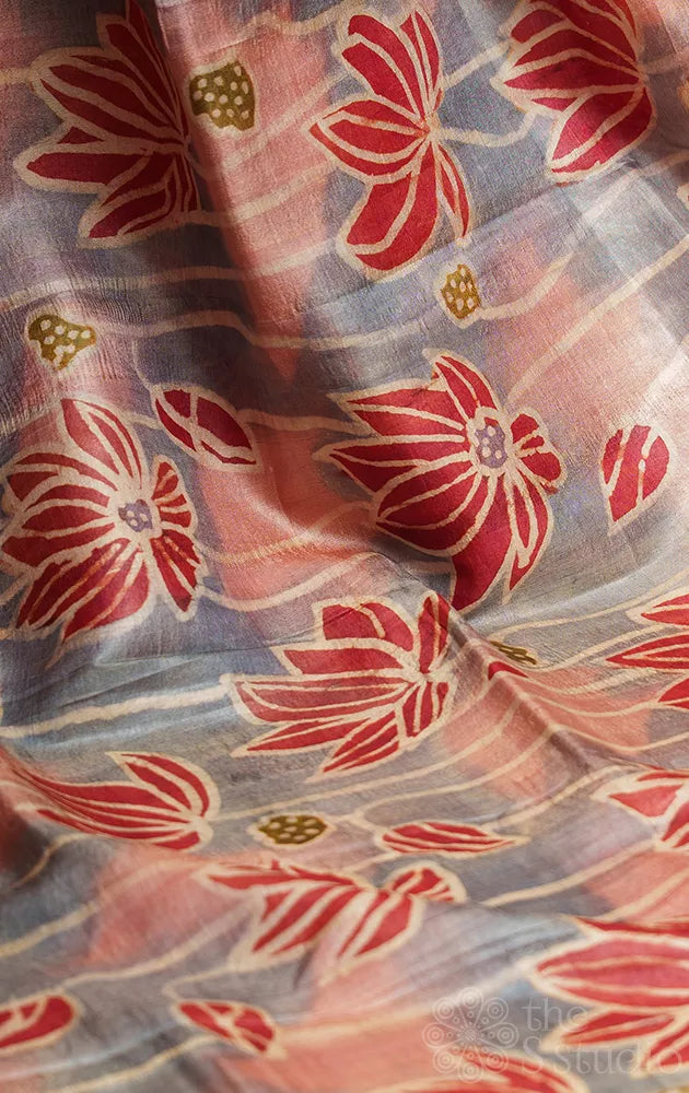 Grey and pink tussar silk saree with batik prints