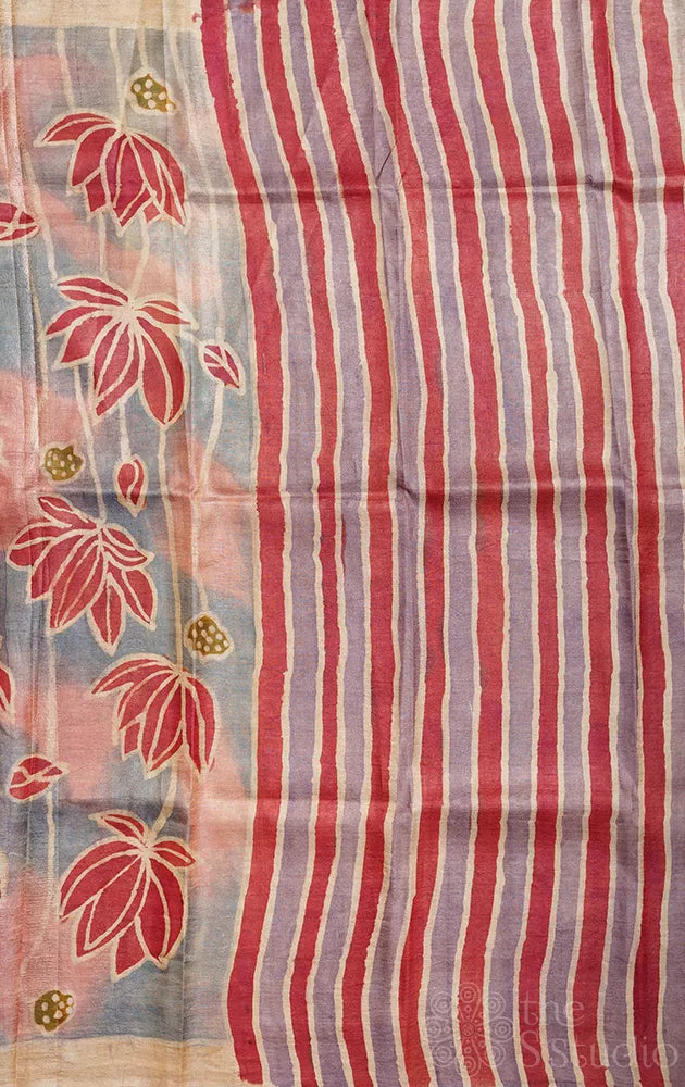 Grey and pink tussar silk saree with batik prints
