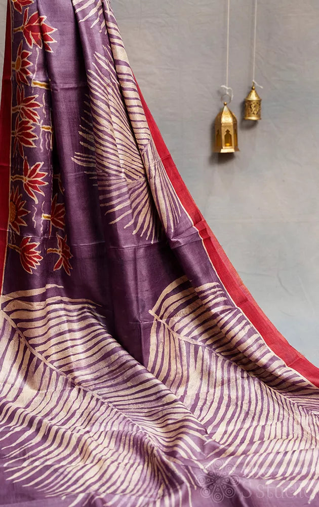 Light violet and red tussar silk saree with batik prints