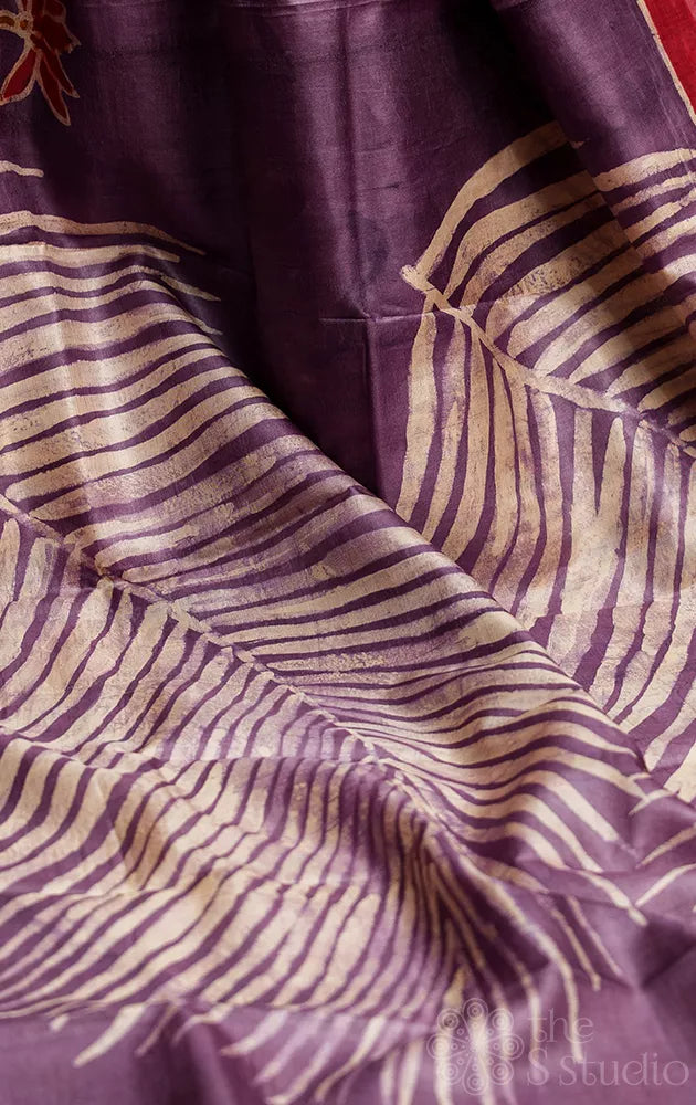 Light violet and red tussar silk saree with batik prints