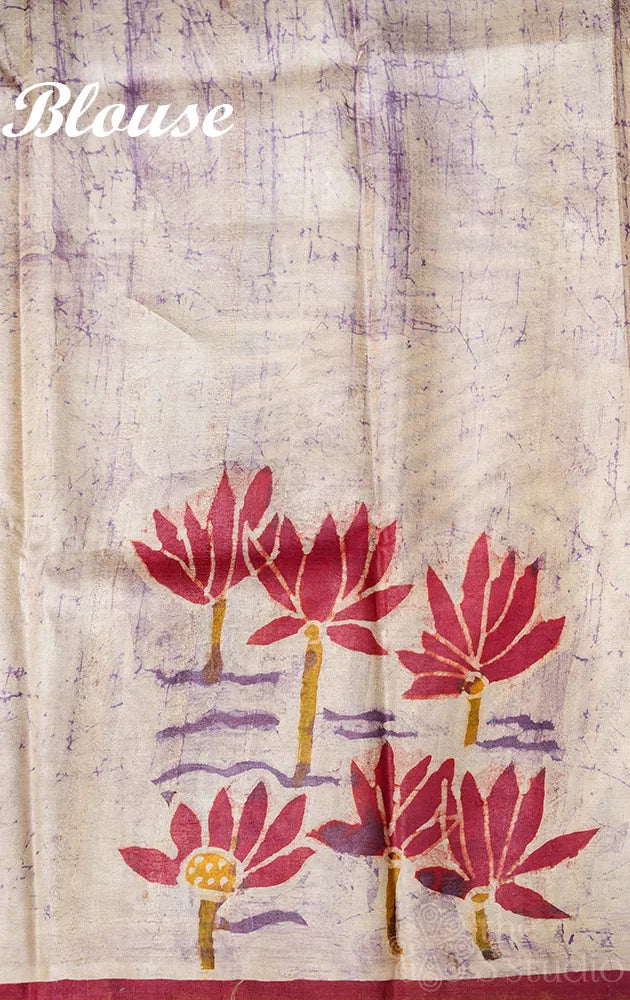 Light violet and red tussar silk saree with batik prints