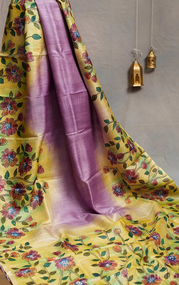 Lavender and yellow tussar silk saree with batik prints and hand painting