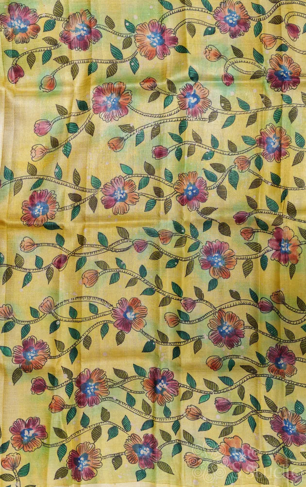 Lavender and yellow tussar silk saree with batik prints and hand painting