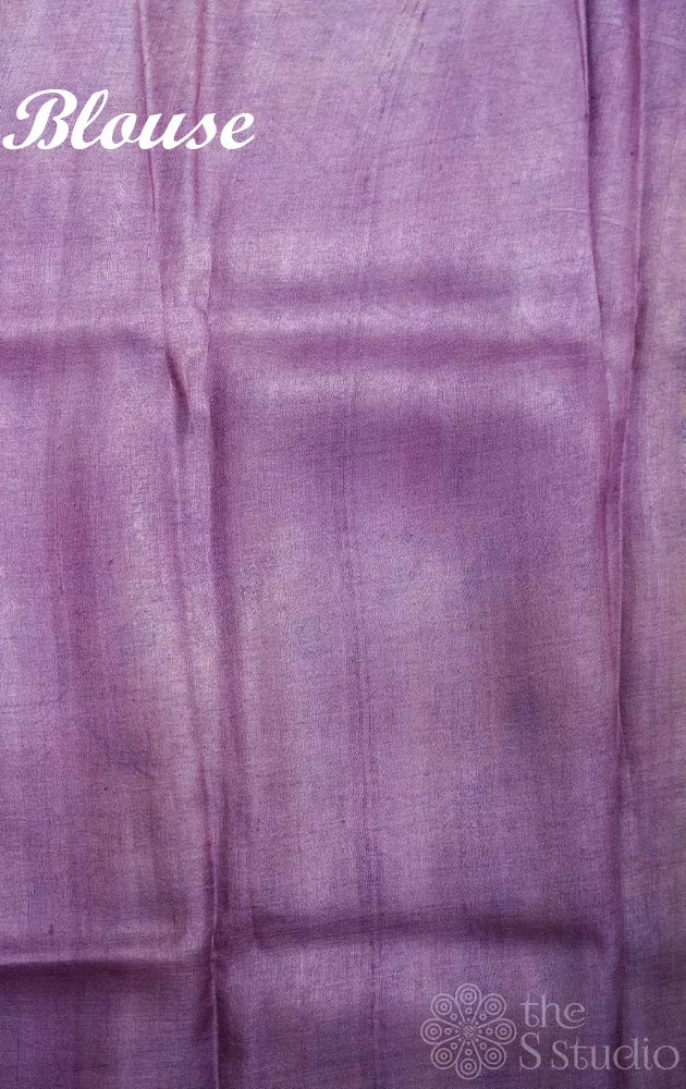 Lavender and yellow tussar silk saree with batik prints and hand painting