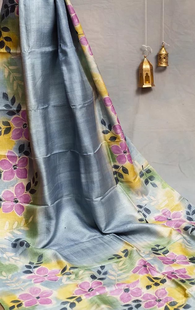 Grey and yellow tussar silk saree with floral prints and hand painting