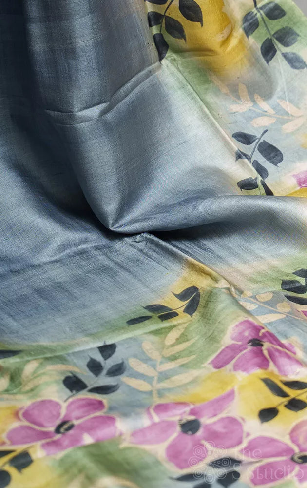 Grey and yellow tussar silk saree with floral prints and hand painting