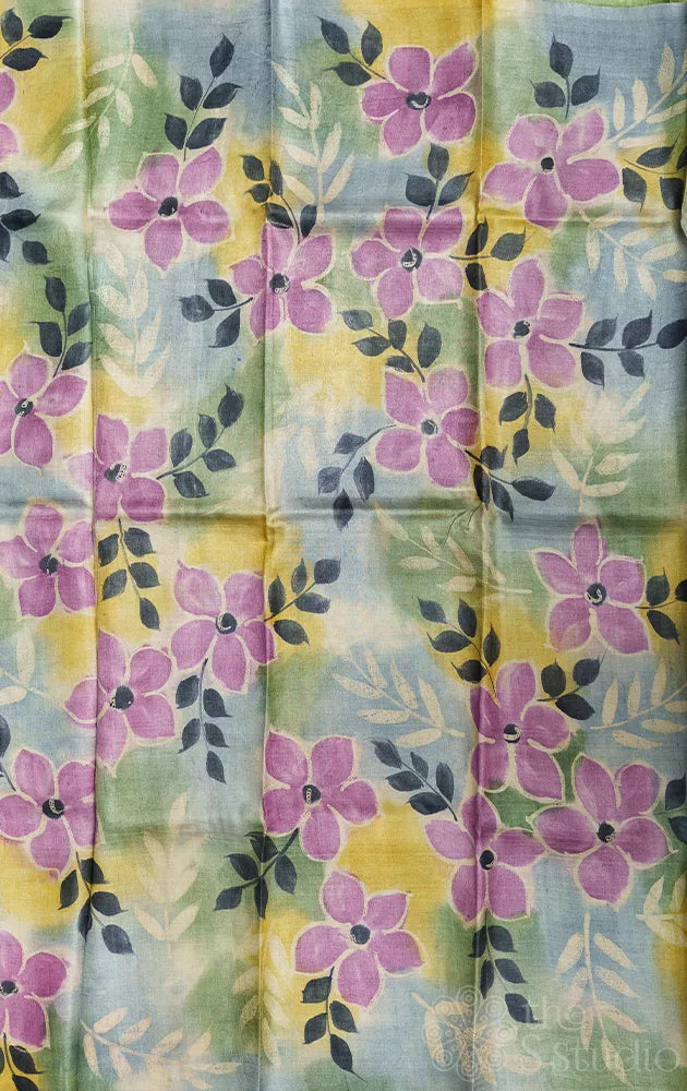 Grey and yellow tussar silk saree with floral prints and hand painting
