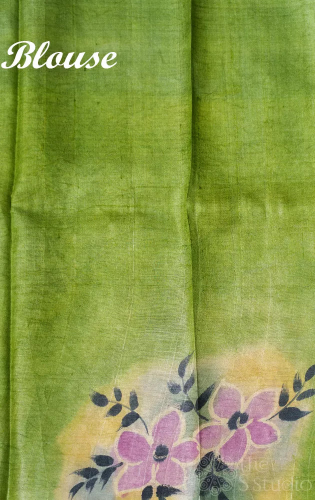 Grey and yellow tussar silk saree with floral prints and hand painting
