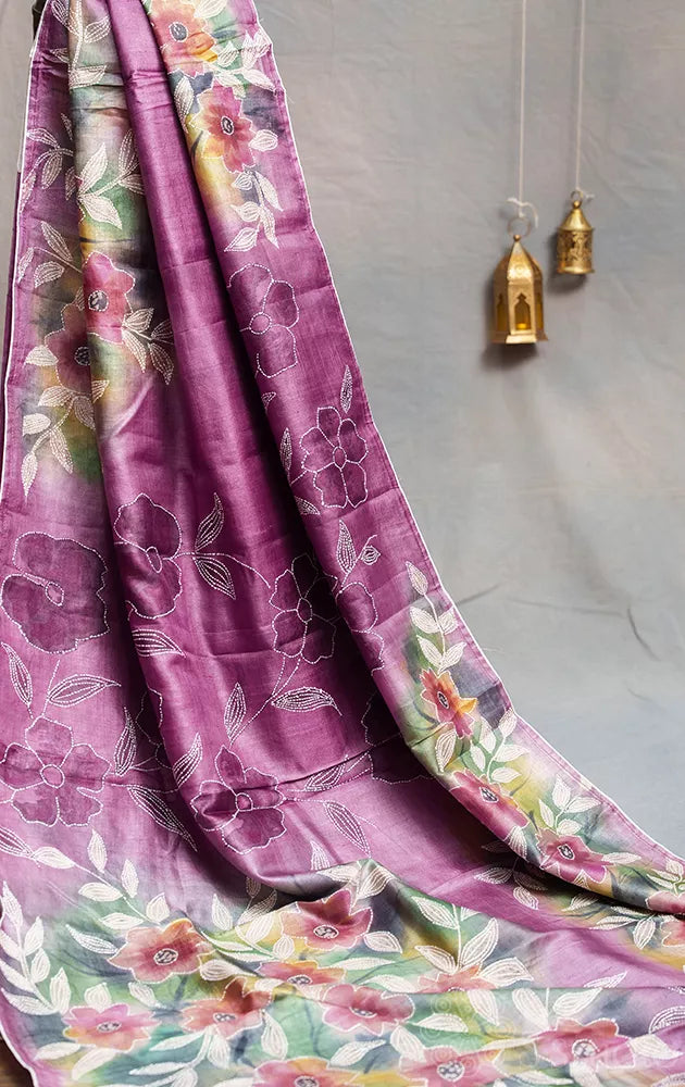 Light Violet hand painted batik print pure tussar silk saree with floral artwork and hand embroidery