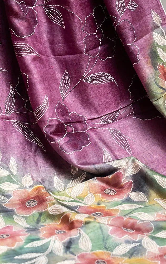 Light Violet hand painted batik print pure tussar silk saree with floral artwork and hand embroidery