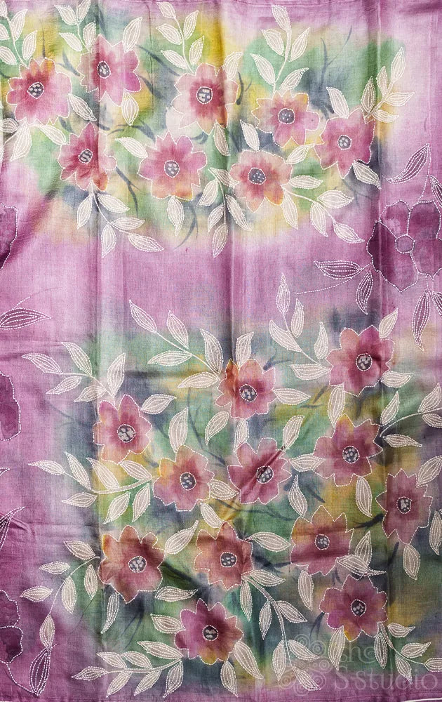 Light Violet hand painted batik print pure tussar silk saree with floral artwork and hand embroidery