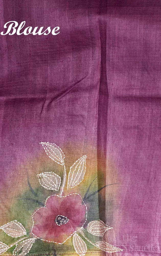 Light Violet hand painted batik print pure tussar silk saree with floral artwork and hand embroidery