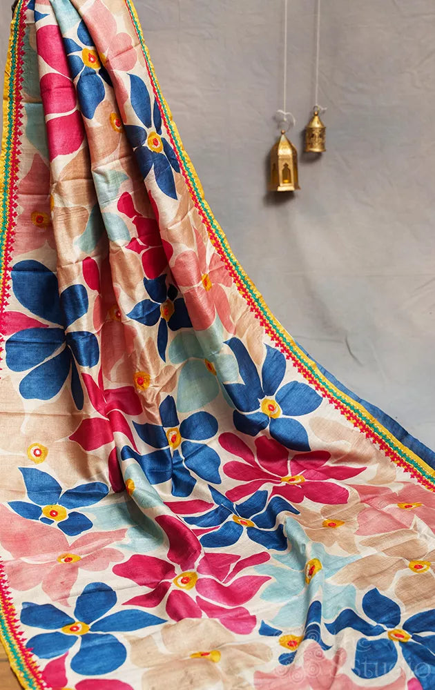 Multi colour hand painted pure tussar silk saree with kutch hand embroidery
