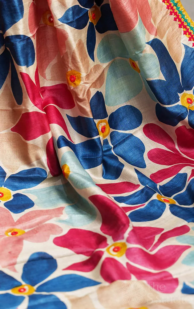 Multi colour hand painted pure tussar silk saree with kutch hand embroidery