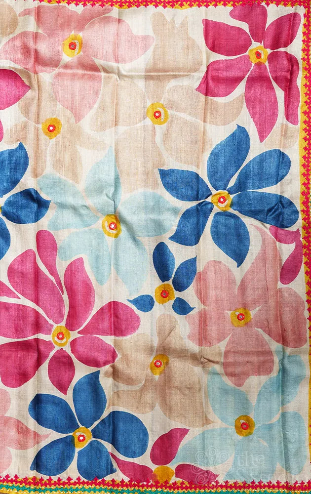 Multi colour hand painted pure tussar silk saree with kutch hand embroidery