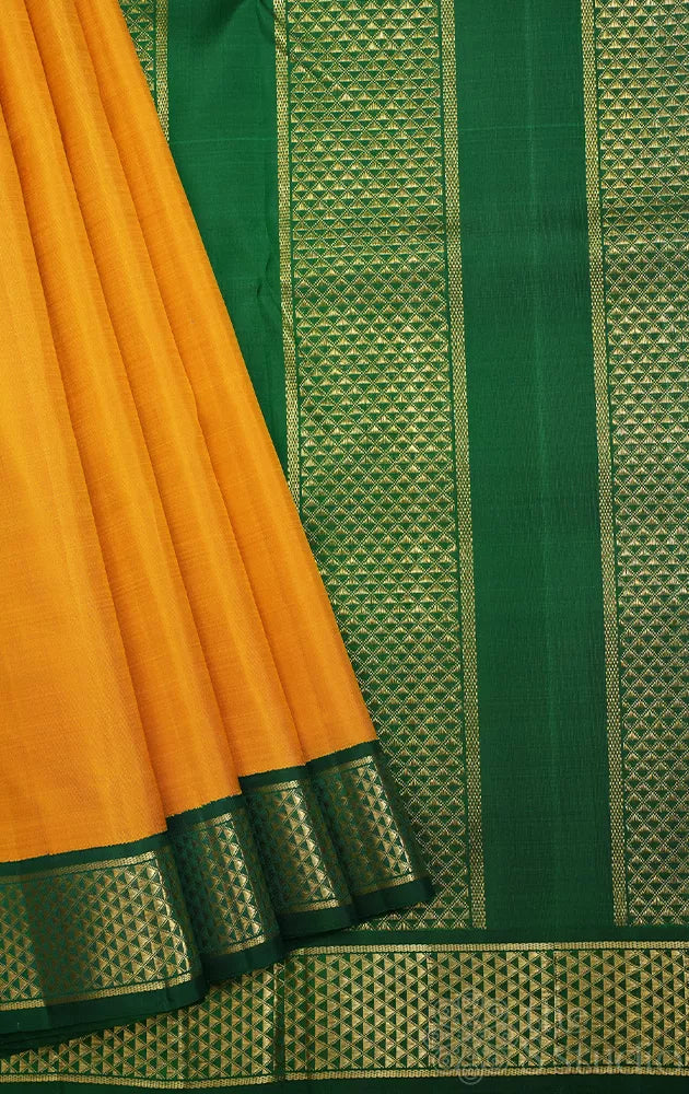 Mustard madisar kanchipuram silk saree with korvai green border