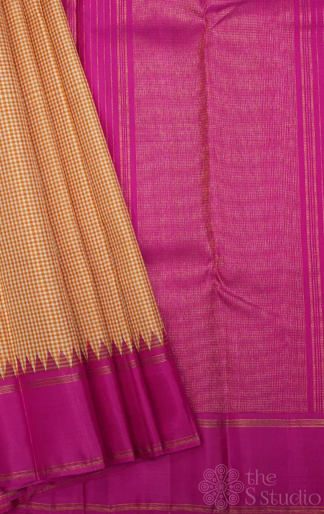 Off white and mustard small kattam kanchipuram silk saree with korvai rani pink border