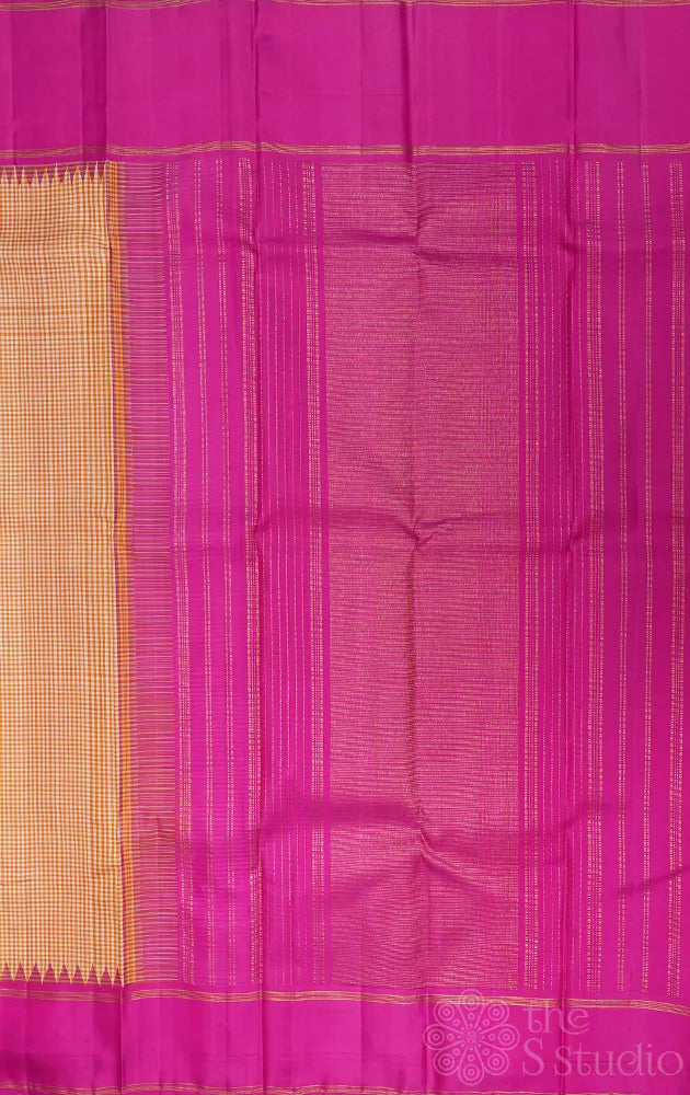 Off white and mustard small kattam kanchipuram silk saree with korvai rani pink border